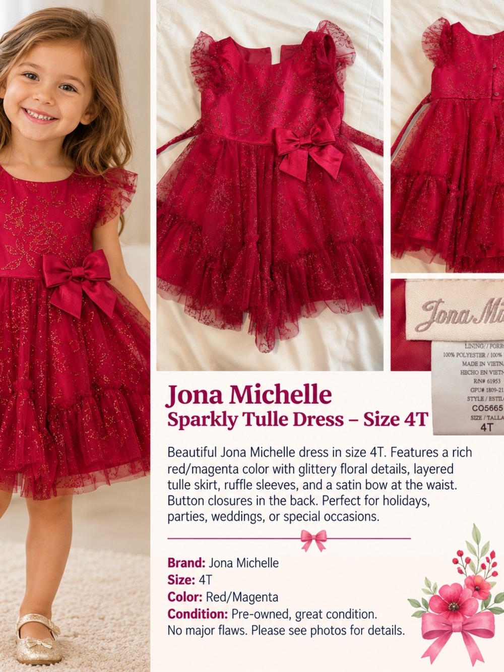 Jona Michelle Sparkly Red Tulle Party Dress with Satin Bow